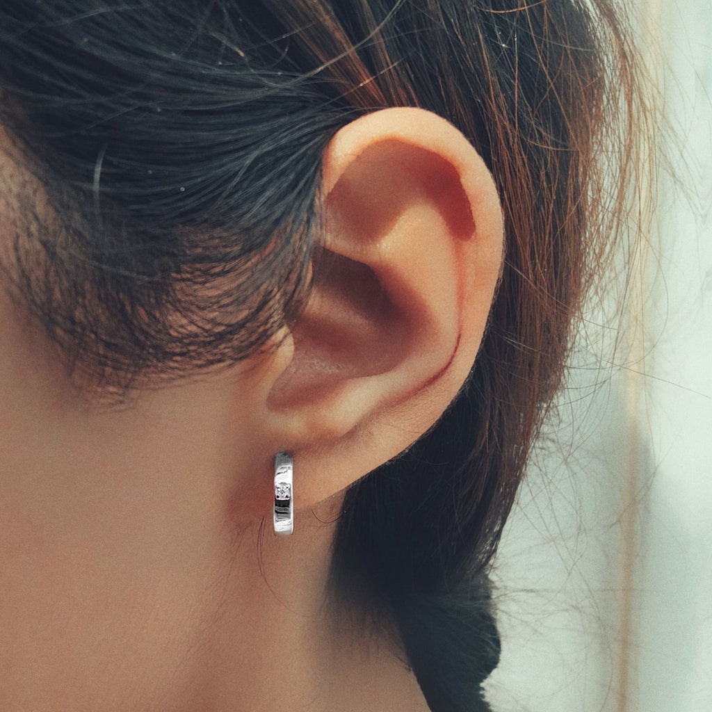 Rhodium Plated Sterling Silver Hoops Studded with White cz
